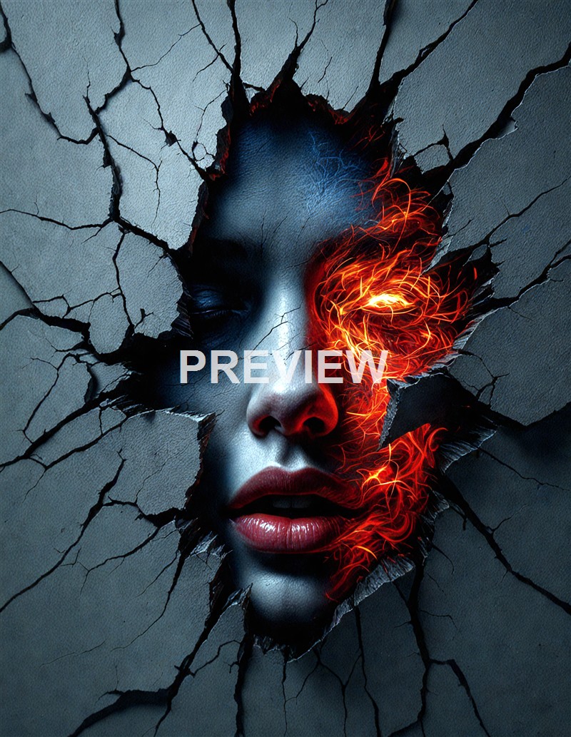 A digital artwork depicting a human face breaking through a cracked wall, with one eye and part of the face engulfed in fiery, glowing red and orange tendrils.